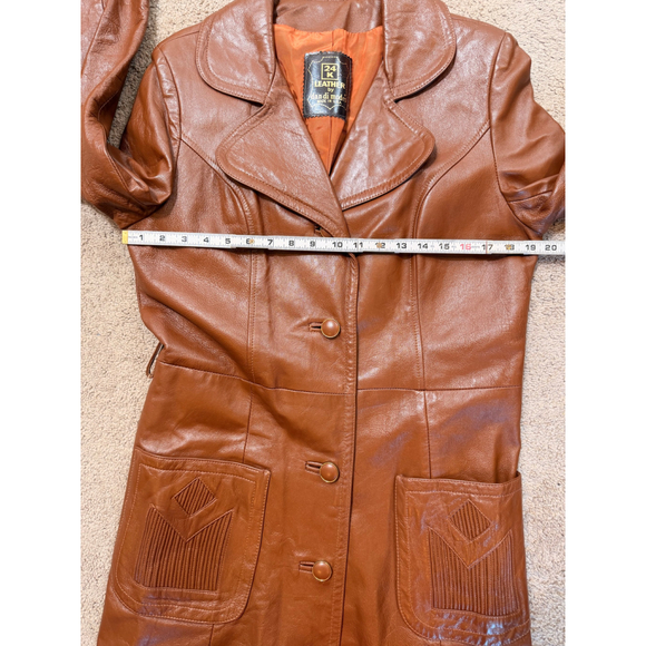Vintage 70s Caramel Brown Genuine Leather Long Coat Women's Trench Retro 12 Edgy - Picture 7 of 16